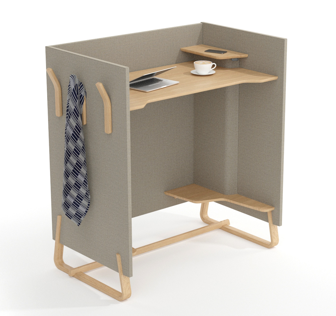 Theo Height Adjustable booth show at standing height with multiple storage options. With oak legs.