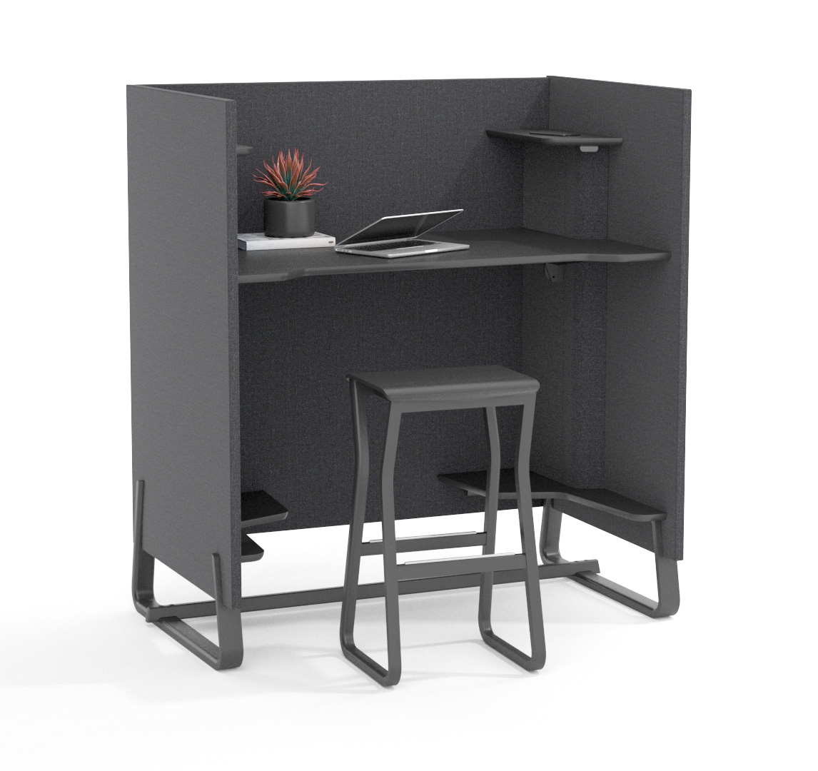 Black free-standing office booth with matching stool and cable management features.