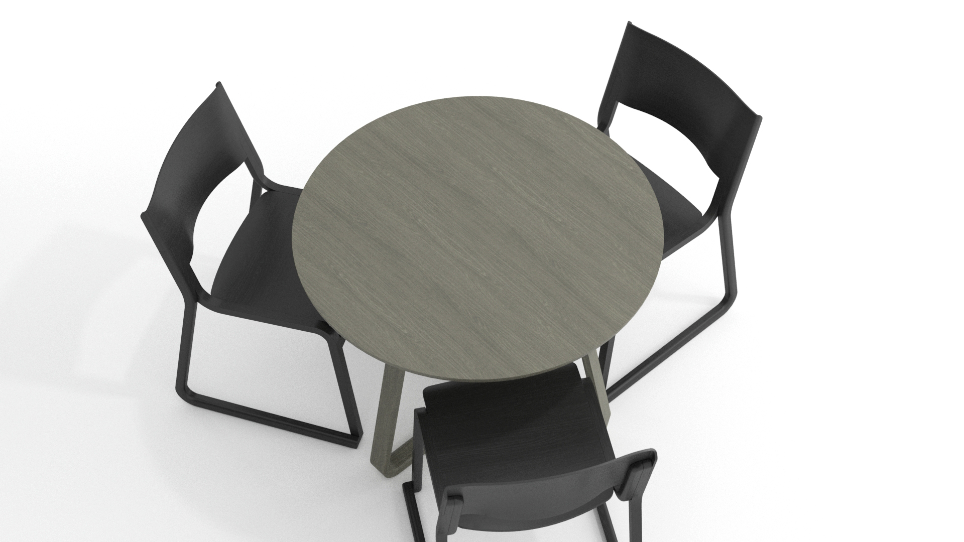 Round grey stained table for use as contract furniture with 3 matching wooden chairs.