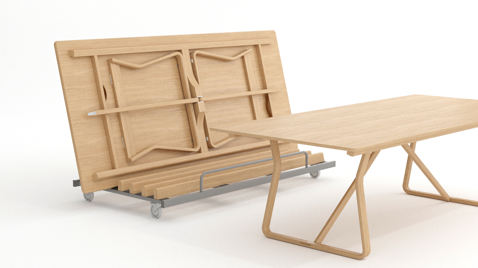 Set of portable oak folding tables with bespoke trolley