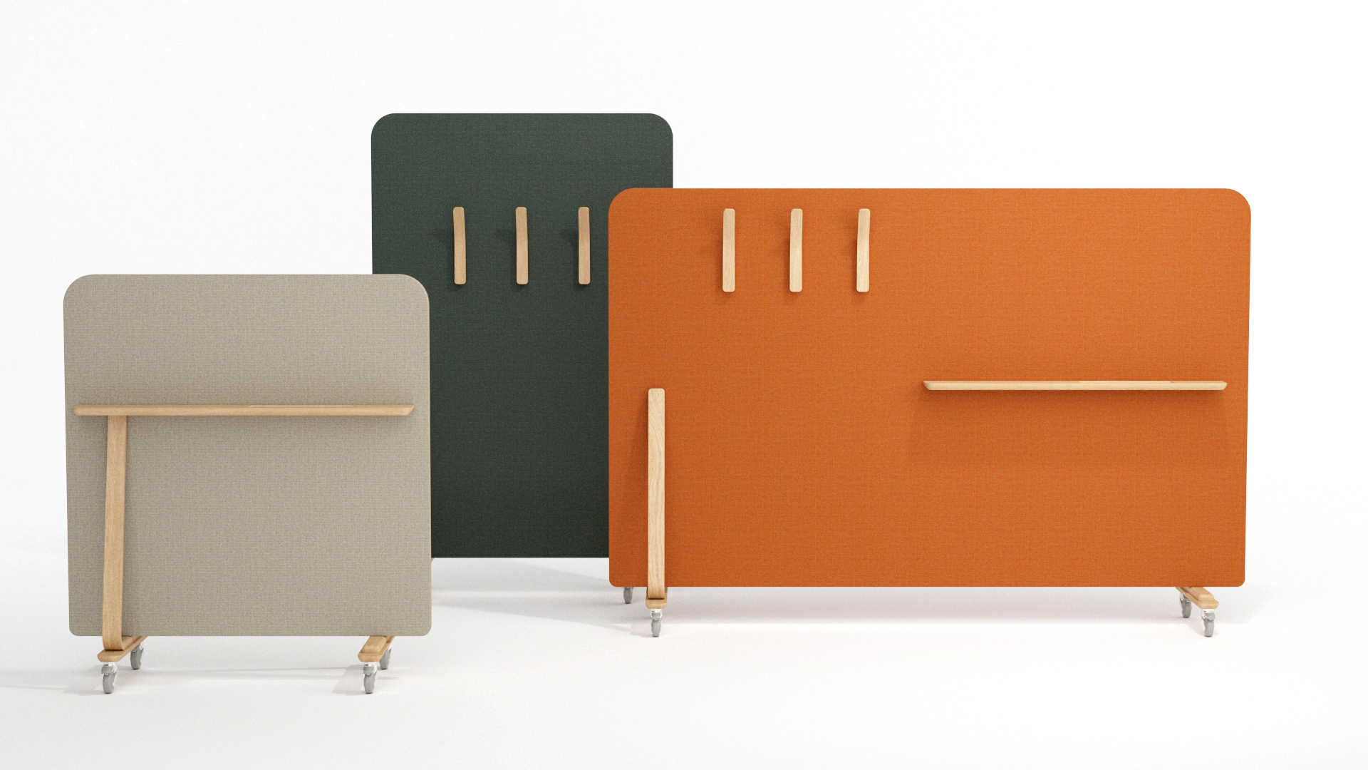 Office floor space dividers in grey, green and orange with pegs and shelves