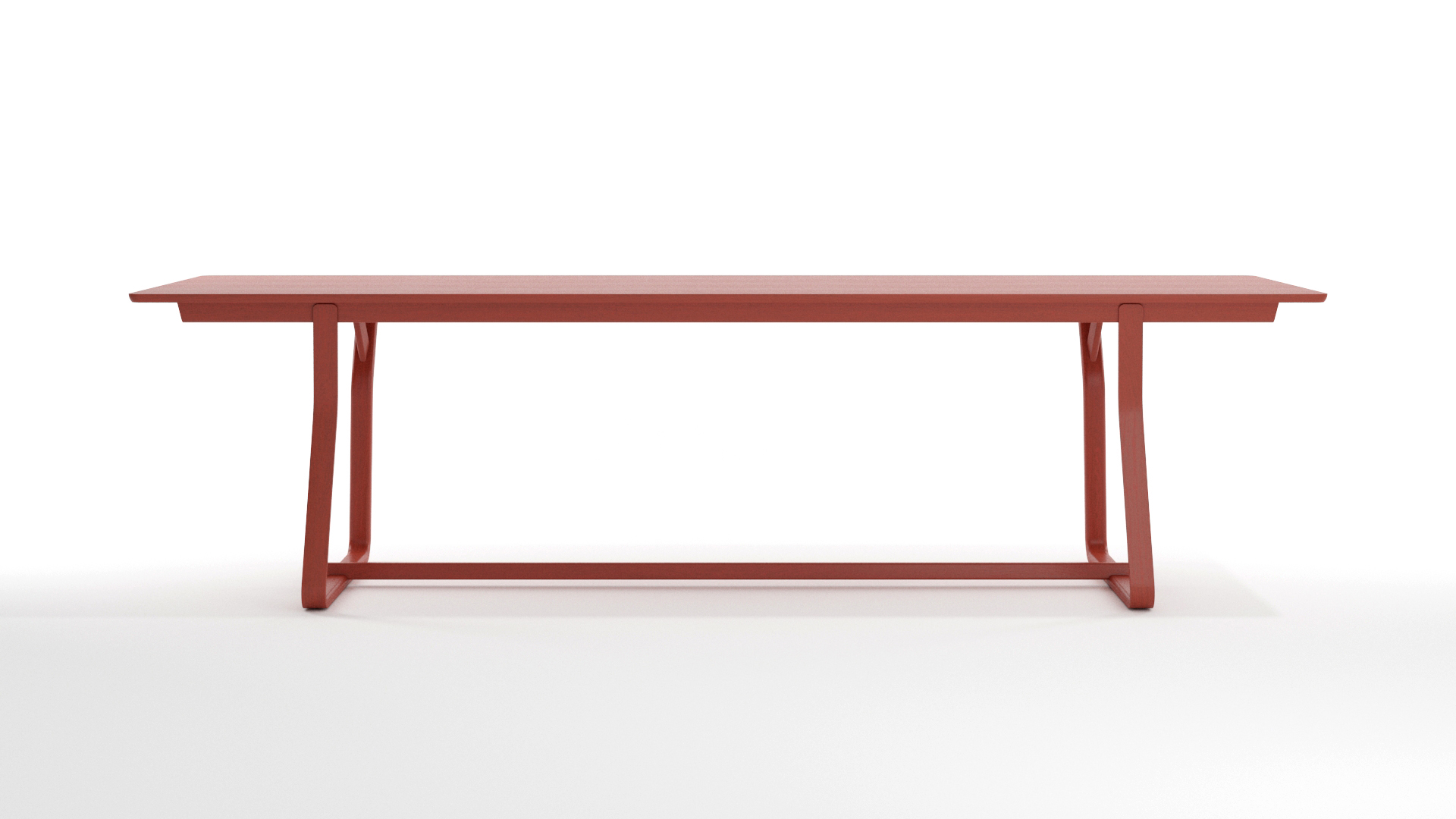Red stained wooden table for use as contract furniture in offices, libraries or educational spaces.