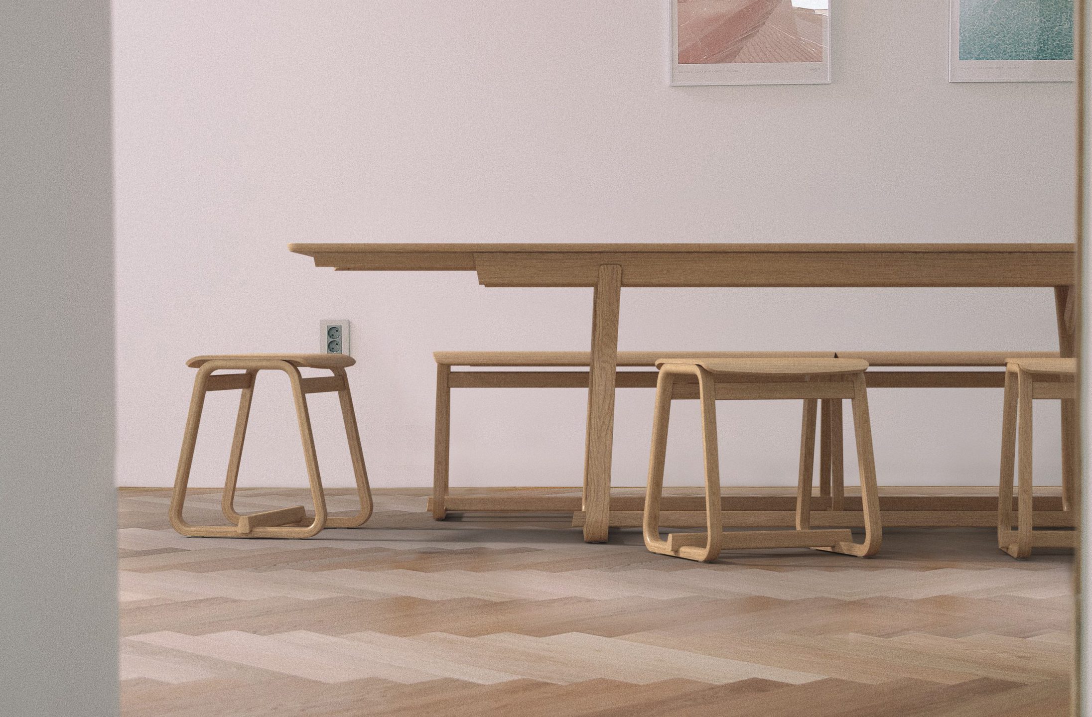 Extending dining room Table with matching stools in natural oak