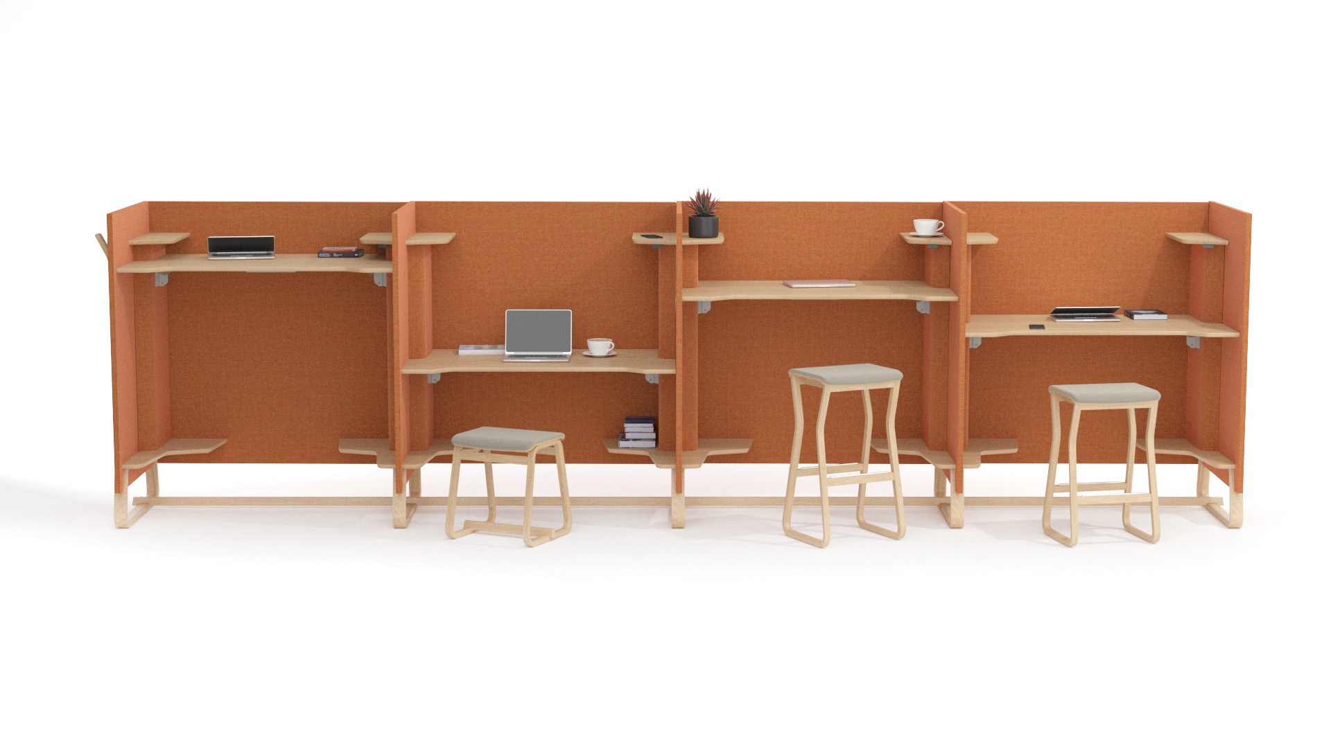 Row of height adjustable booths for an office includes standing desks and seated desks.