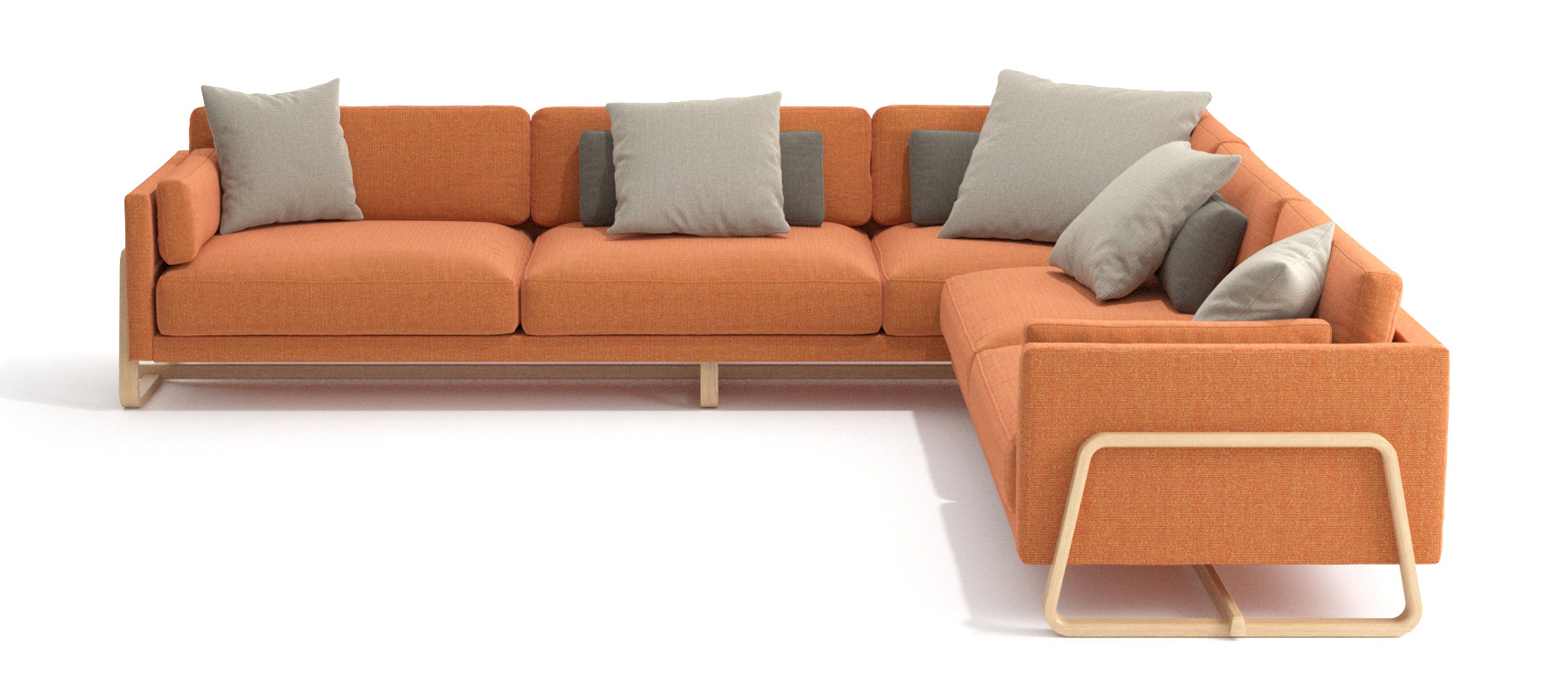Orange L shaped contract sofa with wooden base