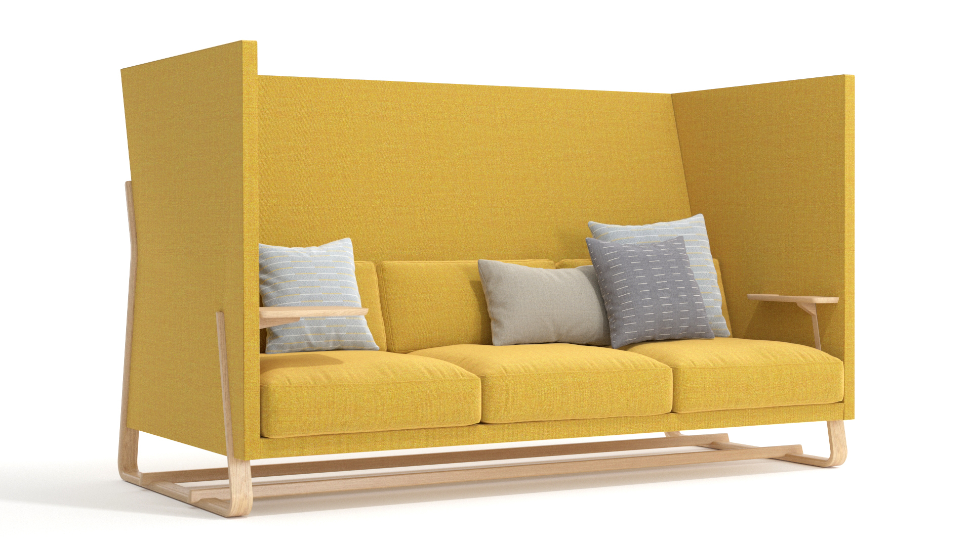 Yellow high-back office sofa with oak legs for contract use