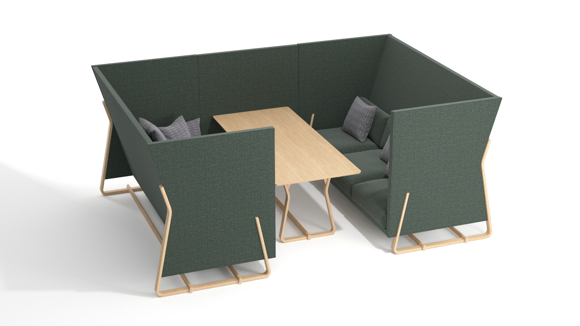 Theo Office Meeting Booth in green with oak table and legs. Fully upholstered for contract use.