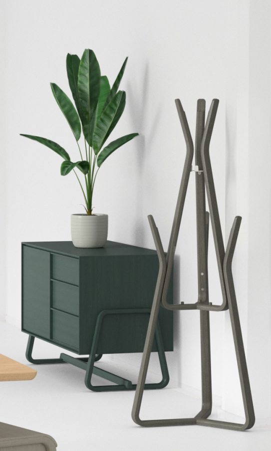 Dark grey wooden coat stand in office